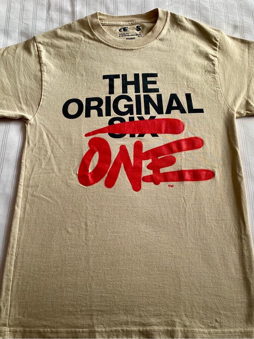 OGL Men's Short Sleeve Graphic Tee - Cream with Red & Black Print
